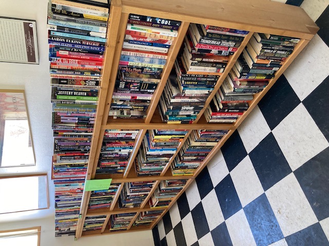 A row of books on a shelf at SOMOS in Taos, New Mexico